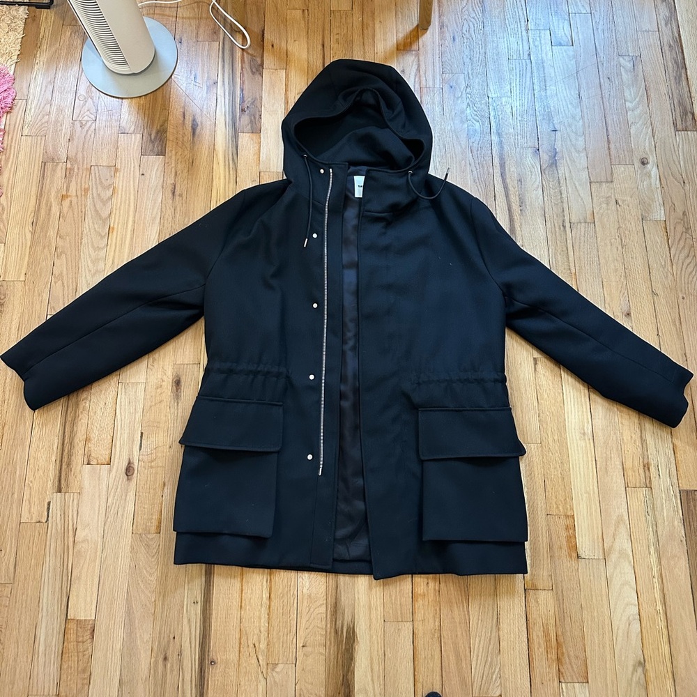 Sandro Black Hooded Raincoat with Patch Pockets